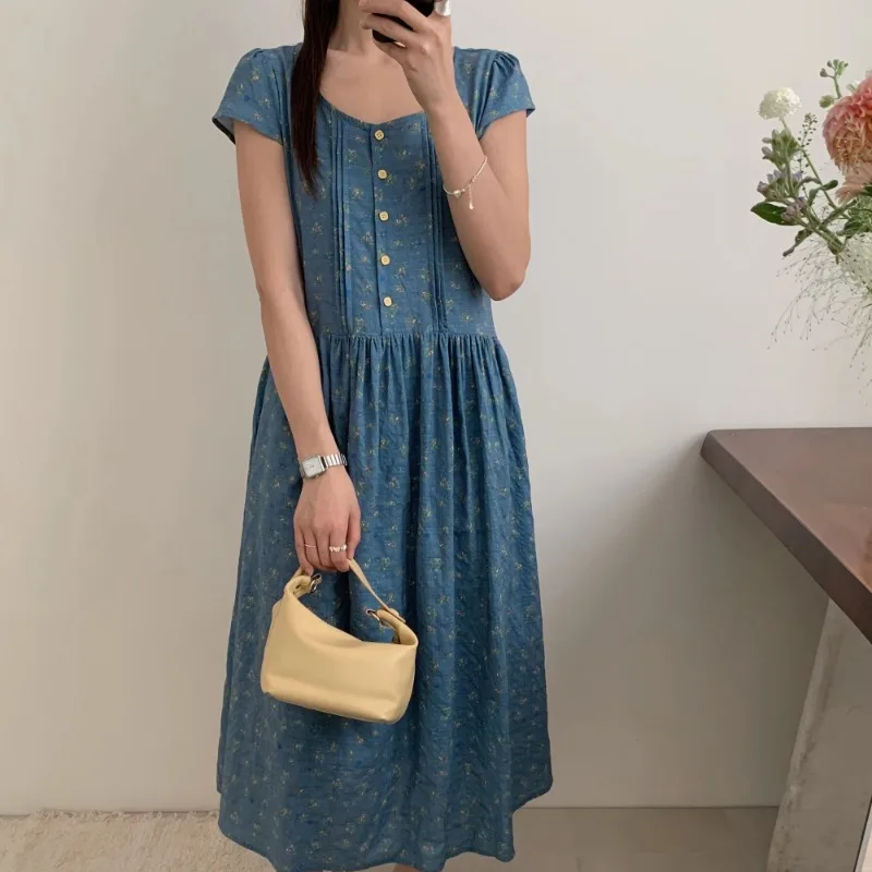 Sukienka koszulowa damska w stylu vintage z długim kwiatowym wzorem, wykonana w 100% z czystej bawełny, letnia sukienka midi z kwadratowym dekoltem i szarfą, odzież damska 2025