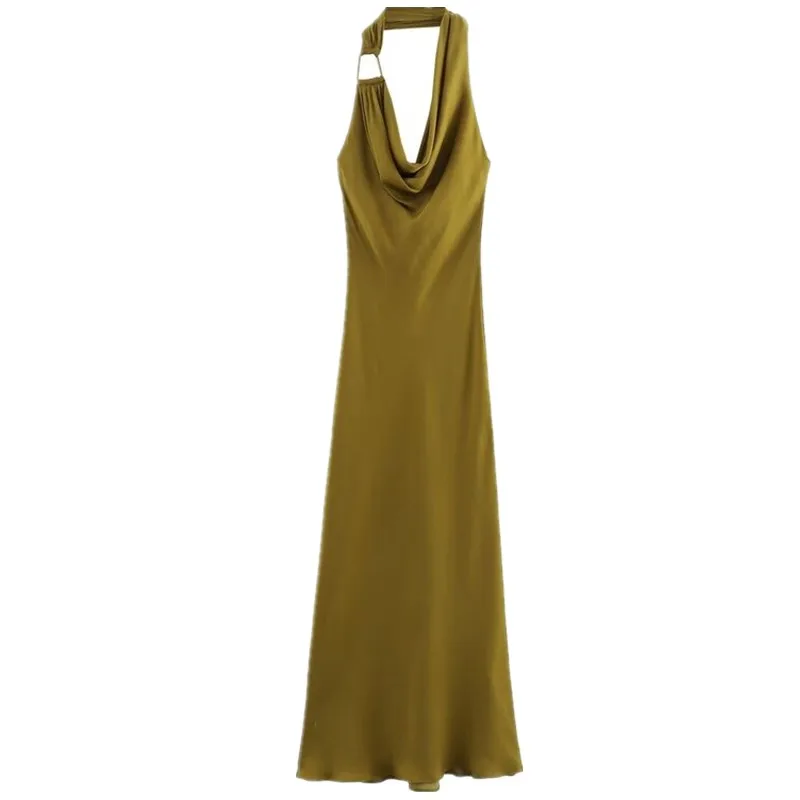 Vestido Midi de Seda com Textura de Cetim, Gola ter, Novo Estilo F de Outono para o Dia a Dia, Sem Mangas, Material...