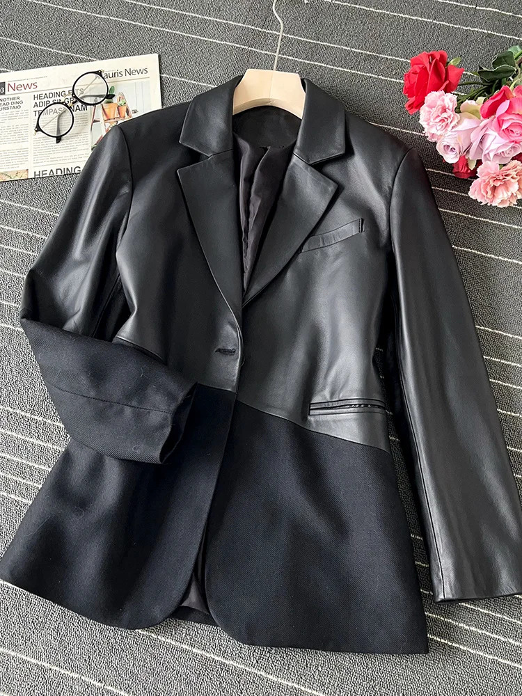 

European Station Sheepskin Genuine Leather Suit Coat Women's High Grade Leather Cloth Combination Long Sleeve 2023 Spring New