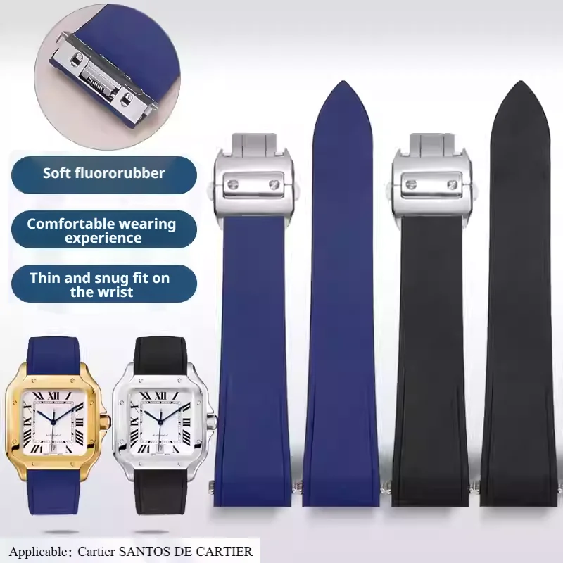 Exquisite craftsmanship soft fluororubber watch strap for Cartier Santos quick release end piece 21mm folding clasp watch band
