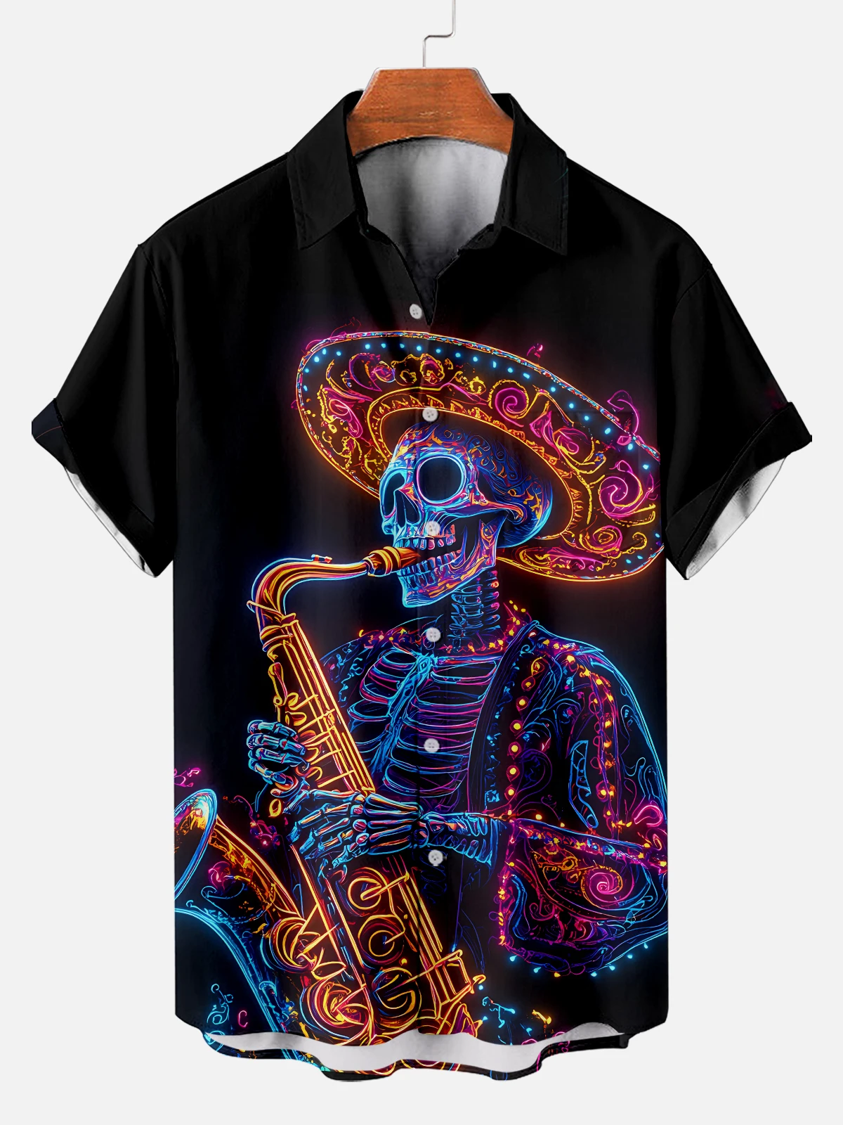 Men's shirt skull guitar print men's Hawaiian lapel top beach casual and comfortable men's short-sleeved shirt 2024 new style