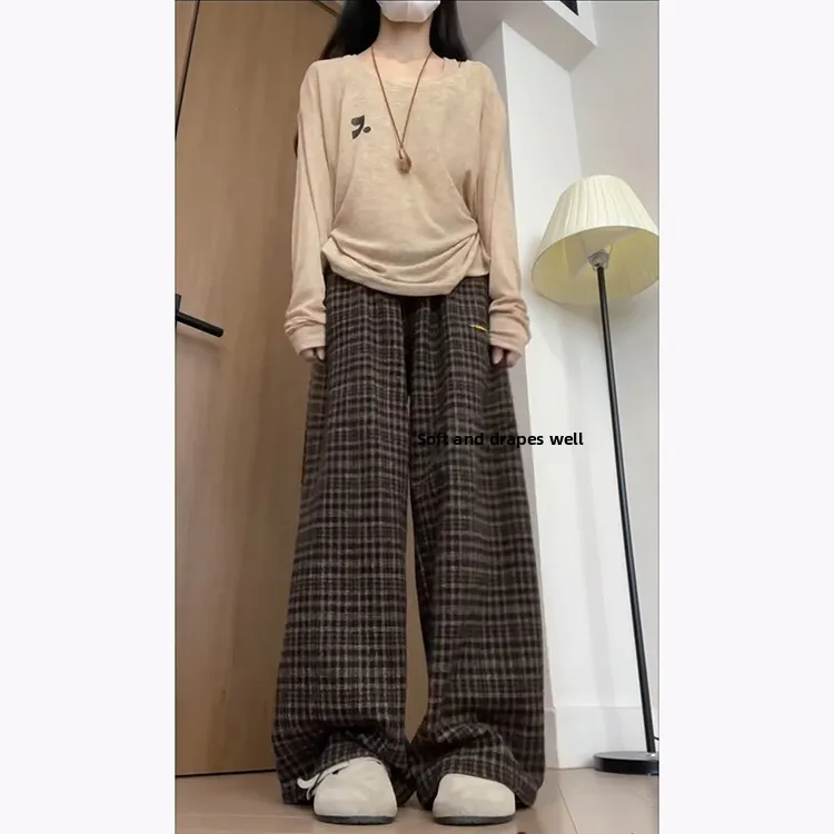 レトロなハイウエスト刺繍入りチアリーダーパンツ 秋冬新作ファションカラーブロ 多用途韓国風ワイドレッグパンツ...