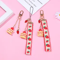 Strap Lanyards For IPhone Samsung Keys Mobile Phone Strap Hang Rope Phone Charm Popular Cute Japanese Strawberry Cake Decor Gift