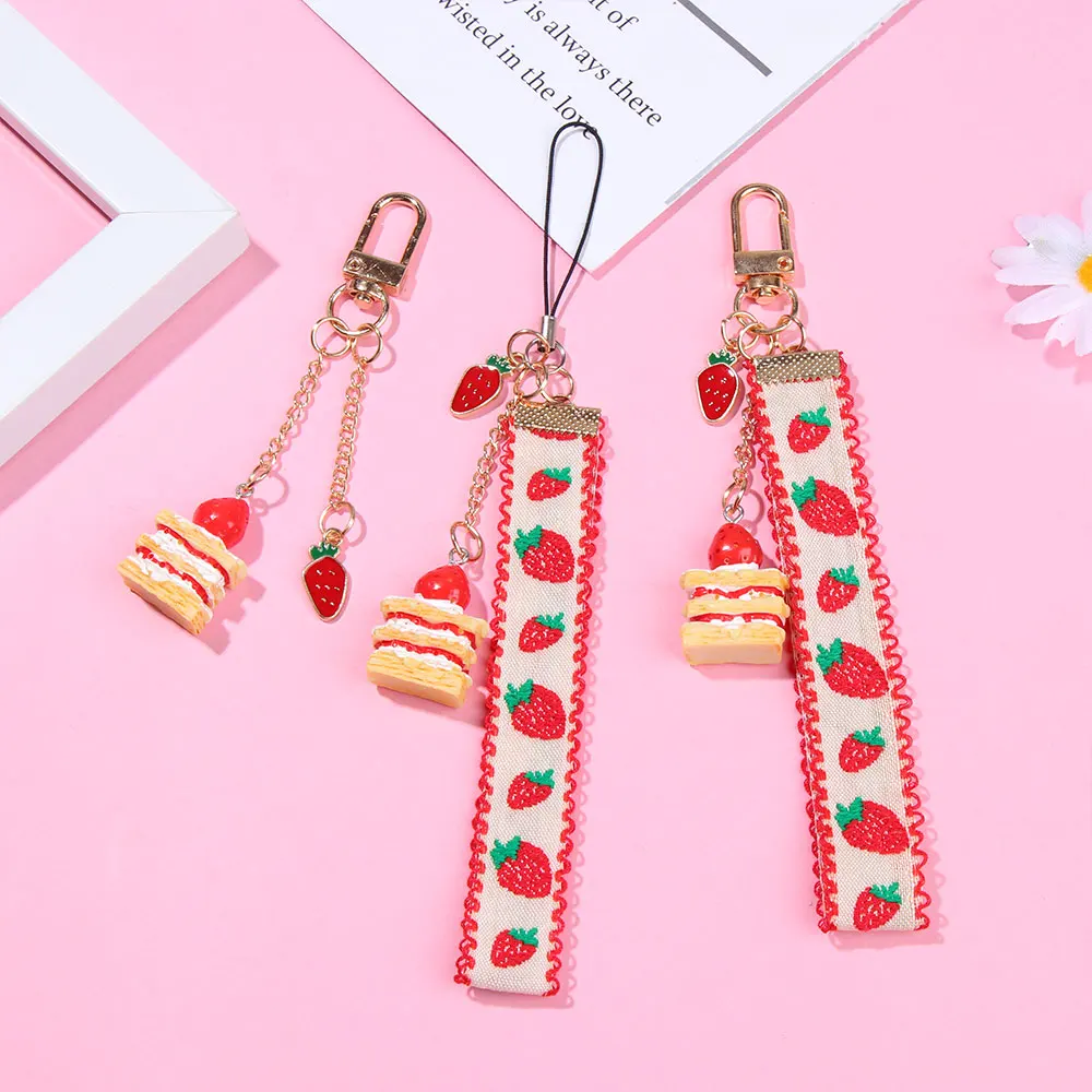 Strap Lanyards For IPhone Samsung Keys Mobile Phone Strap Hang Rope Phone Charm Popular Cute Japanese Strawberry Cake Decor Gift