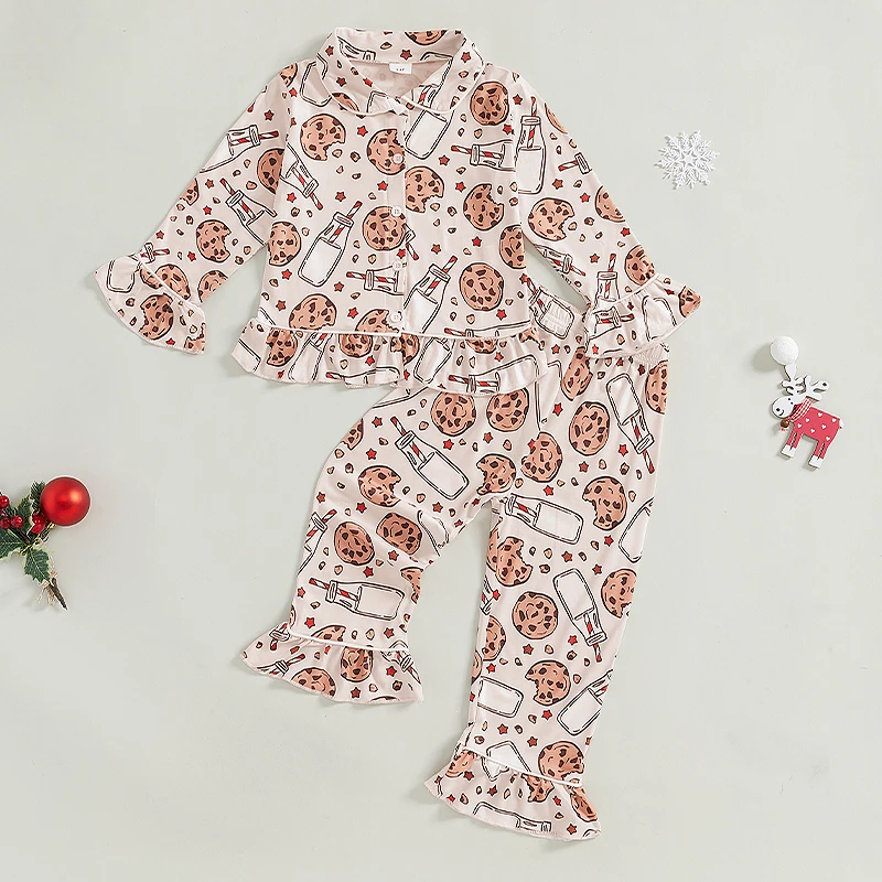 Cute Toddler Christmas Pajamas Set with Gingerbread Man Print Cozy Long Sleeve Lapel Button Down Top and Matching Pants