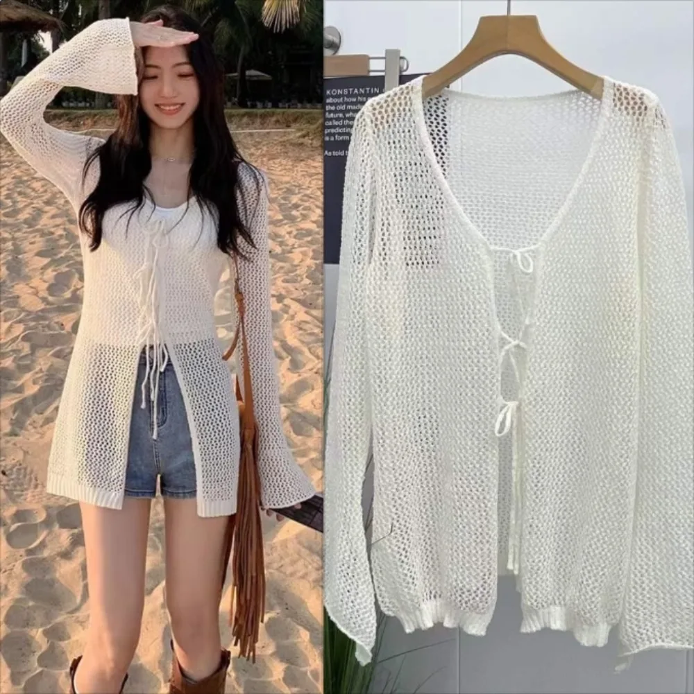 

Вязаный кардиган с вырезами, женский солнцезащитный кардиган на шнуровке, тонкий повседневный солнцезащитный топ