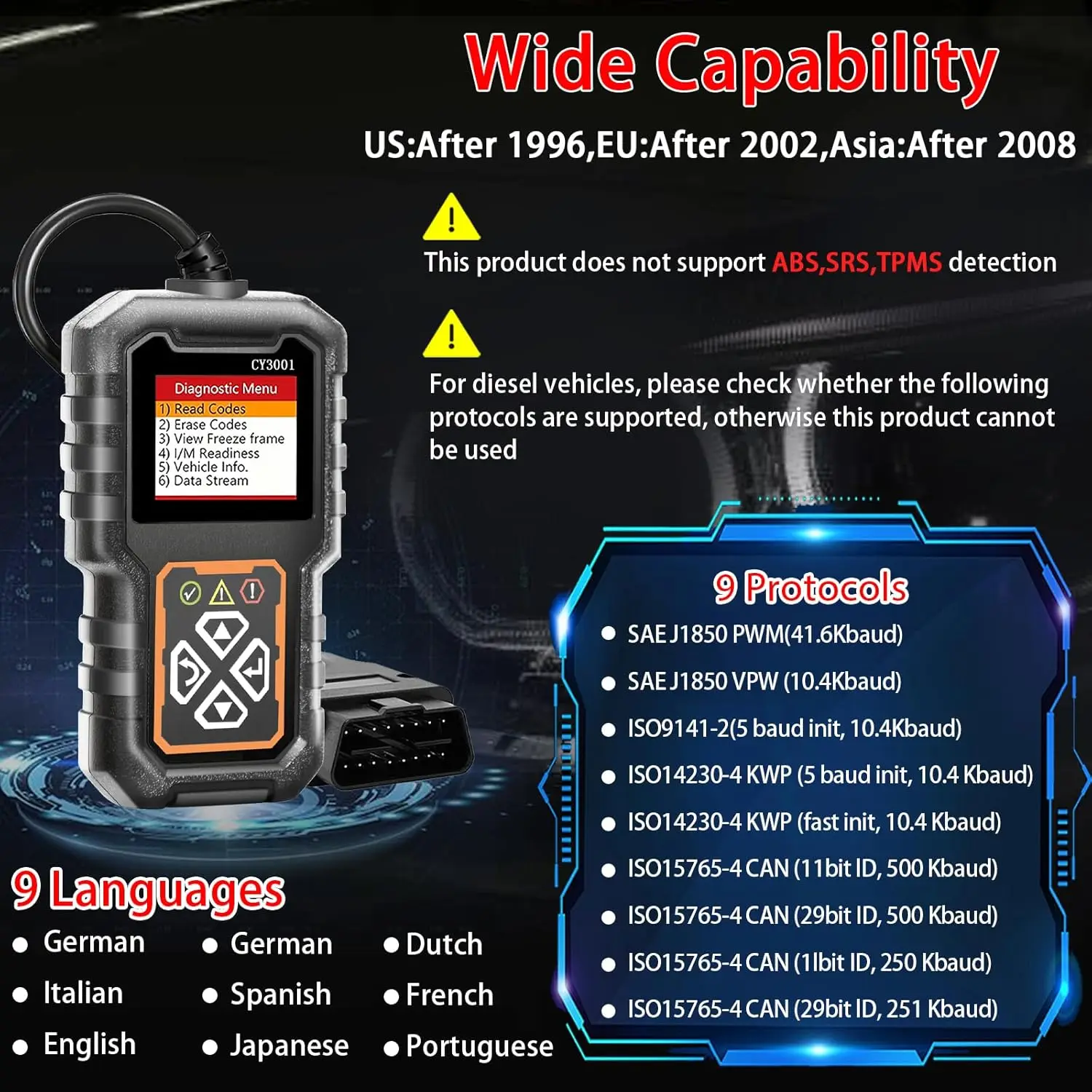 Car OBD2 Code Scanner Diagnostic Scanner Code Reader Erase Engine Fault Code Read Code Erase Code Battery Test Engine Light
