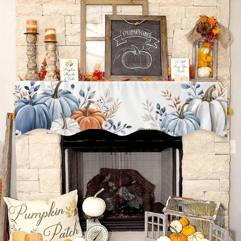 Fall Thanksgiving Fireplace Mantel Scarf Blue White Pumpkin Leaf Mantel Topper Rustic Autumn Fireplace Home Holiday Decoration