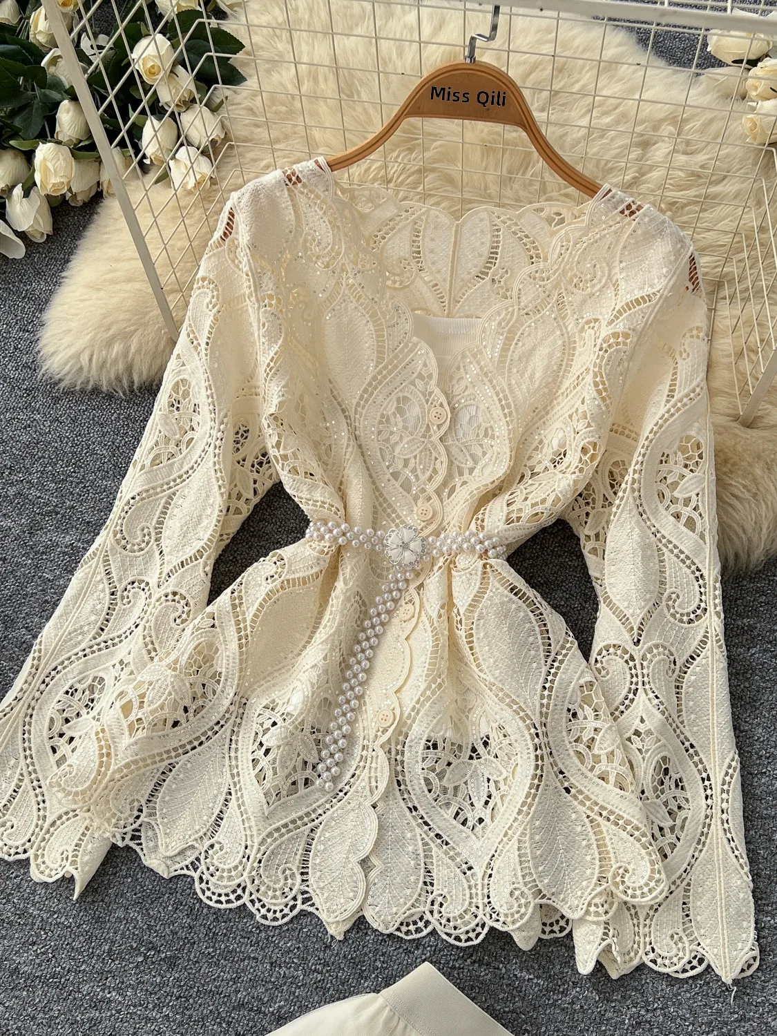 Elegant Lace Hollow Long Sleeve Top High Waist Mesh Half Skirt Women's Slimming Fashion Set Autumn Commute Style Two-Piece Suit
