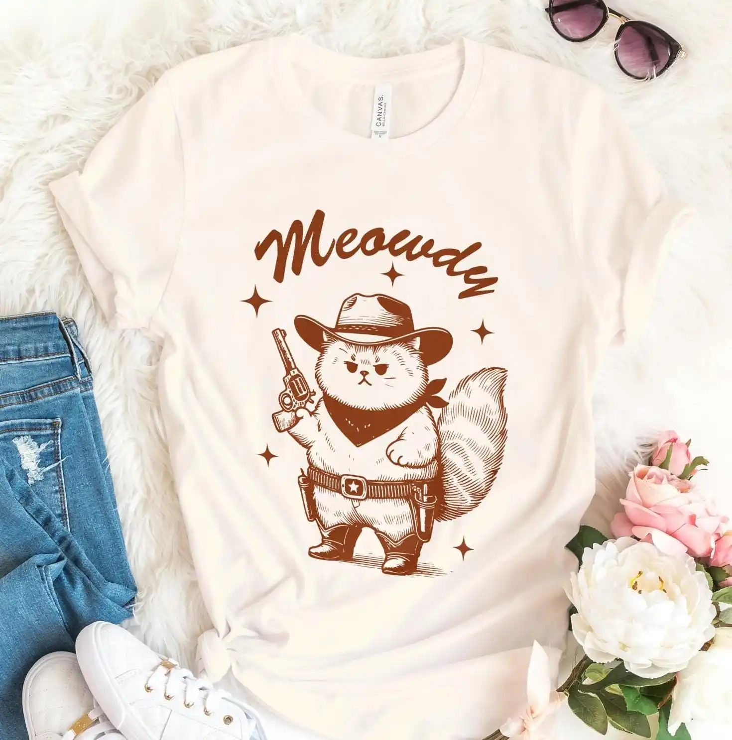 Meowdy Cowboy Cat T Shirt Funny Retro Chubby Cute Vintage Kitten Meme Gag