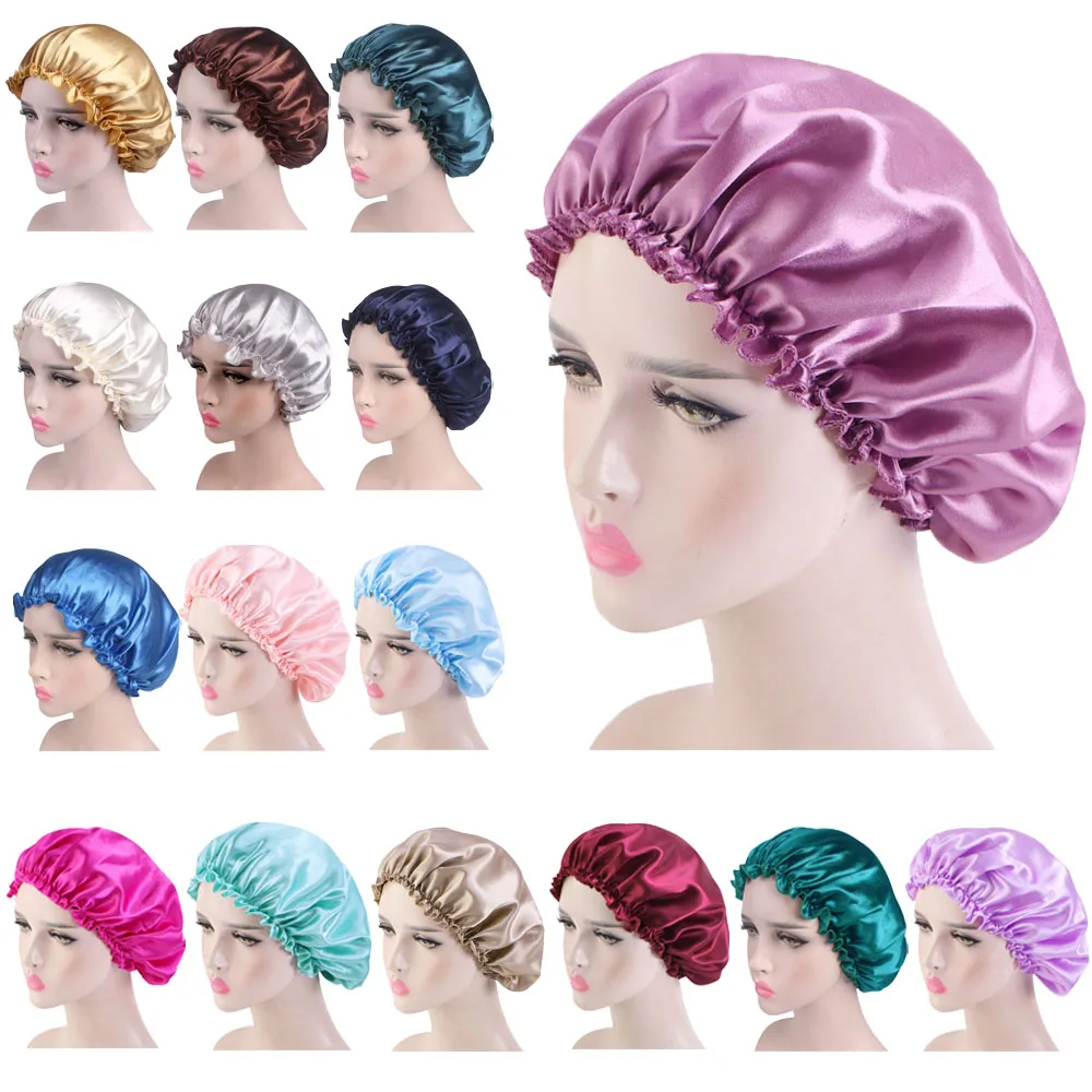 Women Satin Night Sleep Cap Hair Care Beauty Bonnet Hat Head Cover Elastic Band Nightcap Solid Color Hair Loss Chemo Caps Scarf