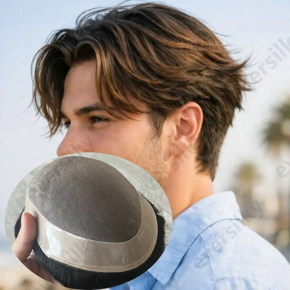 6" Langes 30mm Welliges Toupet für Männer, Echthaarperücken, Langlebige Mono-NPU-Basis, Braun-Schwarzes Glattes Haarsystem, Herren-Haarteil – Detail 2