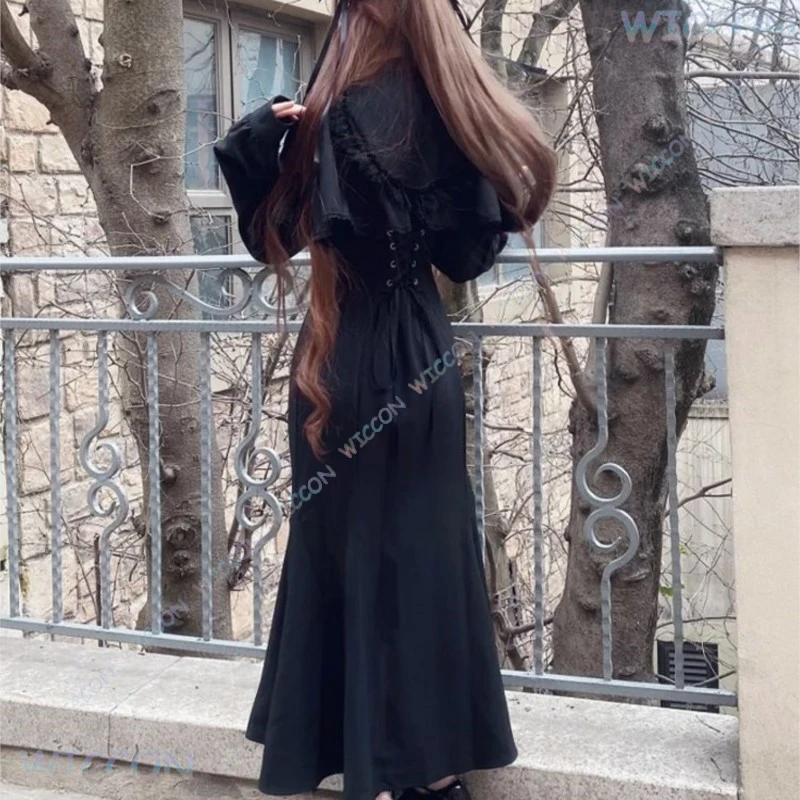 Jirai Kei فستان طويل النمط الياباني Kawaii Y2K جميع الأسود مقوس دانتيل لوليتا كم طويل نحيف القوطية الخصر حفلة النساء الفتيات الزي