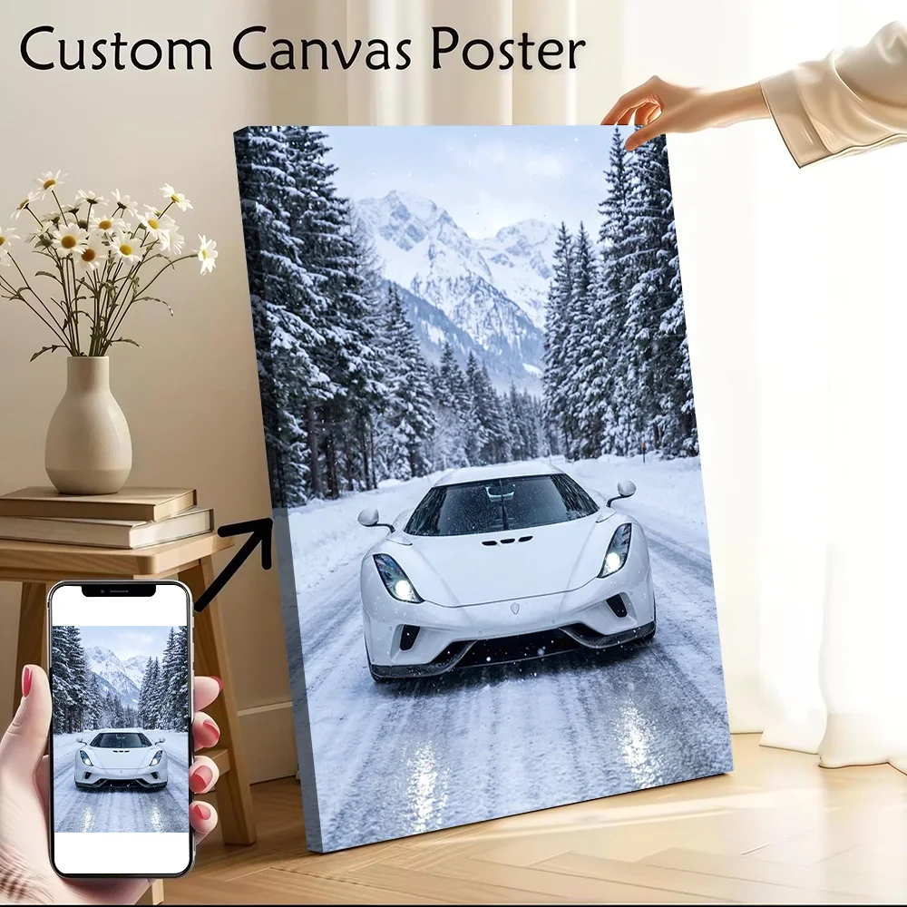 White Supercar Regera Car Snow Printed Canvas Wall Art Customizable Paintings Poster Perfect Gift for Home and Decoration Room