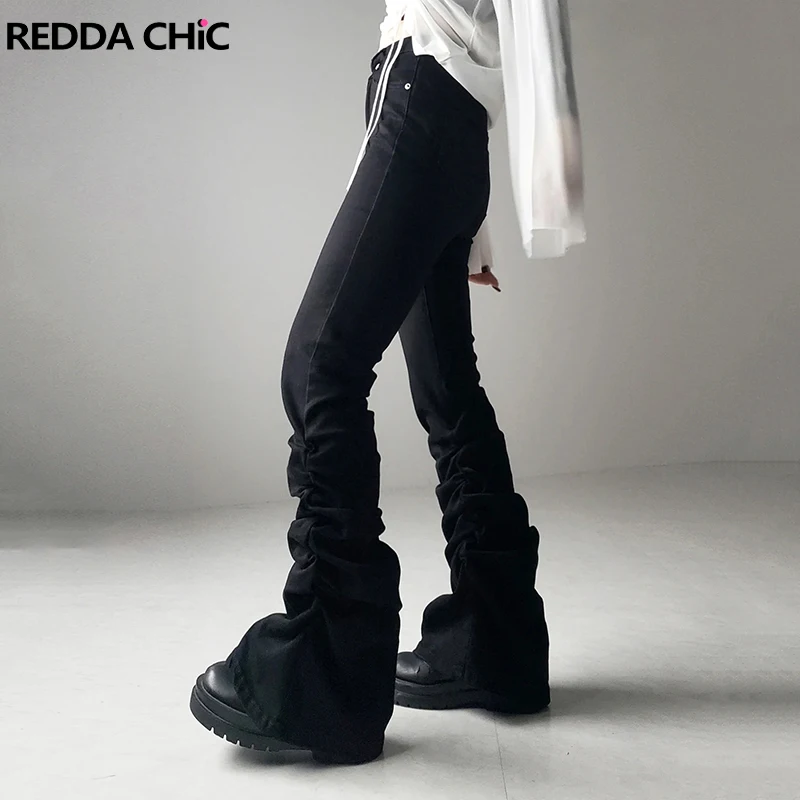 

ReddaChic 90s Retro Black Ruched Flare Jeans Women Plain High Waist Causal Slim Fit Bootcut Pants Acubi Fashion Bell Bottoms