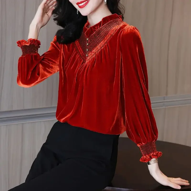 High end gold velvet top for women with a niche design sense, retro gold velvet shirt for women, autumn/winter 2024
