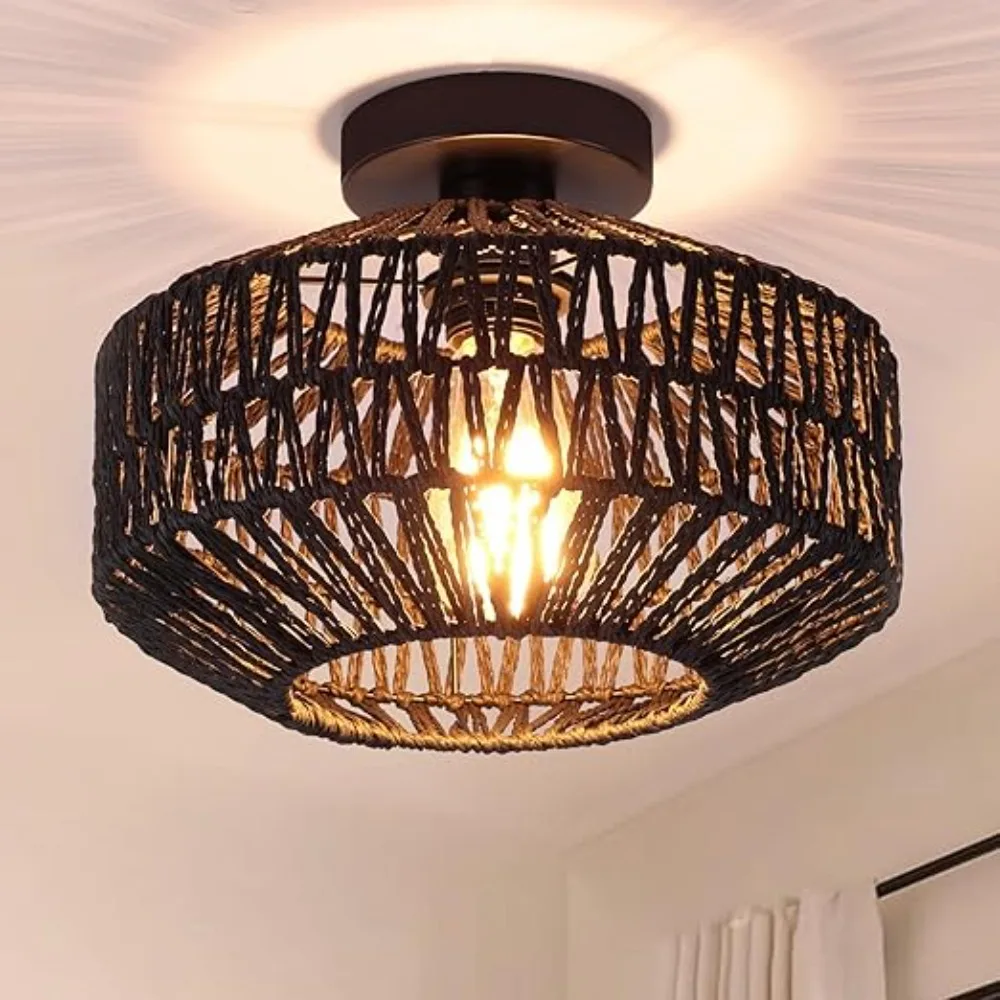 

Black French Farmhouse Retro Chandelier Handmde Straw Jute Shade Iron Frame Rustic Ceiling Lighting for Bedroom Living Room