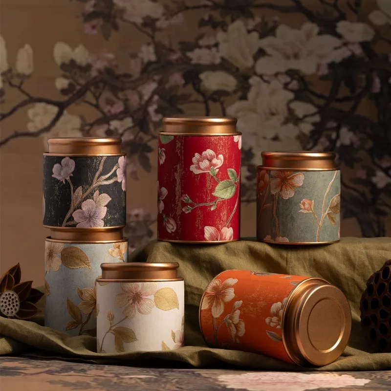 Caja de té de estilo chino, exquisita impresiones de flores, lata redonda para té, caja de almacenamiento de aperitivos, recipiente sellado para cocina, decoración del hogar