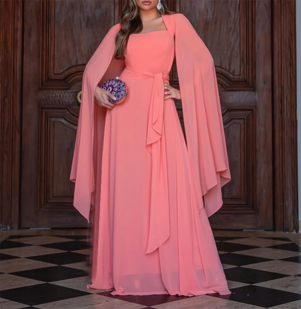 Vestido largo de gasa con escote cuadrado para mujer, traje elegante de gasa para fiesta de graduación, boda