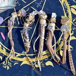 Big Citrine Crystal Irregular Wooden Stick Witch Fairy Wand Stick Triple Moon Pendant Pentagram Tumbled Stone Wood Scepter 1pc