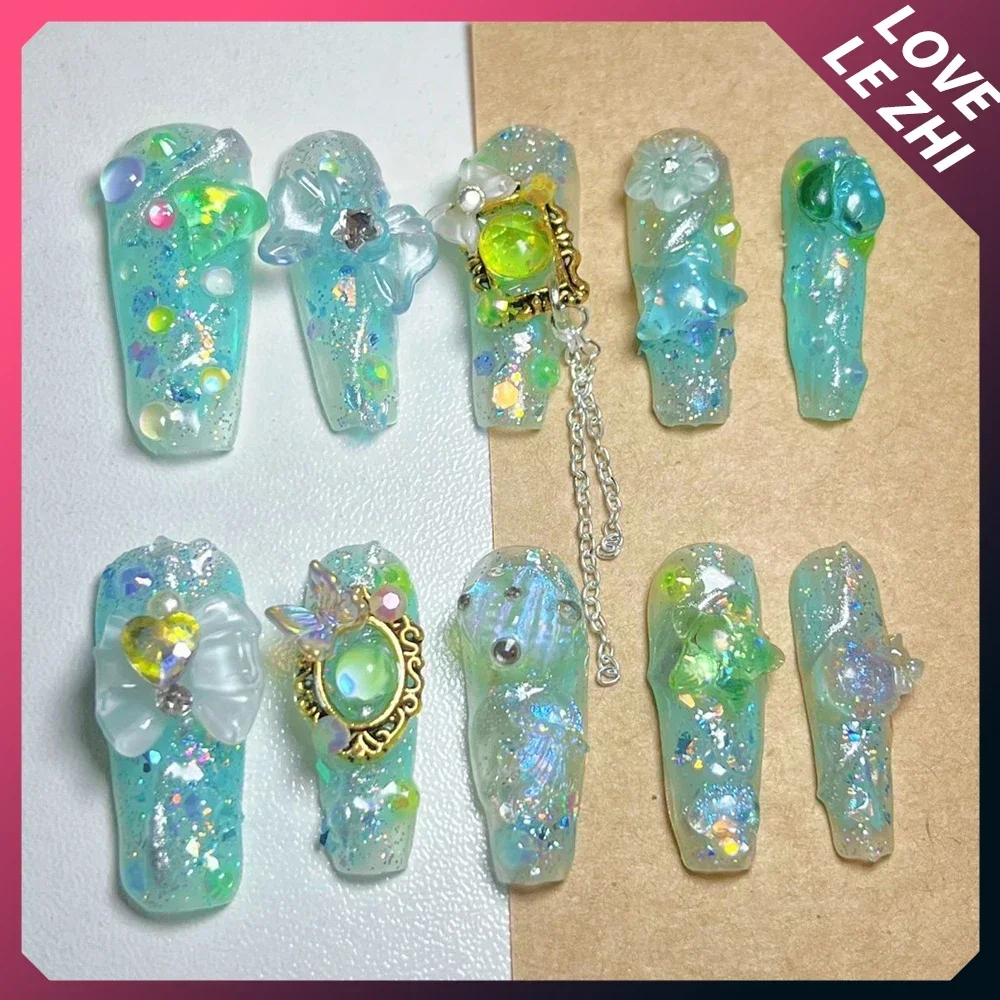 10Pcs Spicy Girl Handmade Long Coffin Duck-Bill Press On Nails Party Sticker Y2K Cartoon Diamond Pearl Bow Detachable False Nail