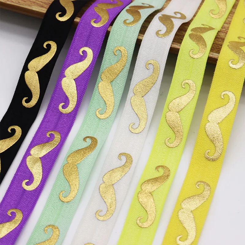 

5/8'' 15mm Gold Sexy Beard Moustache Printed FOE Band Fold Over Elastic Ribbon For Hair Ties Bracelets DIY Sewing Accessories