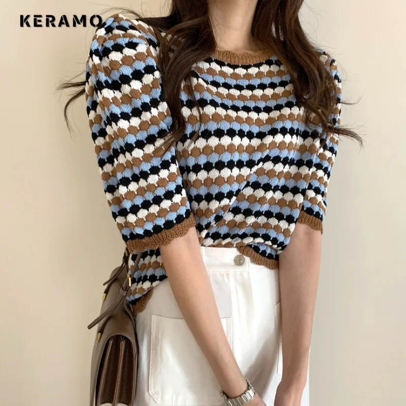 

2023 Autumn Korean Style Short Sleeve Knitting Casual O-Neck Sweater Top For Women Fashion Striped Print Slim Elegant Pullovers