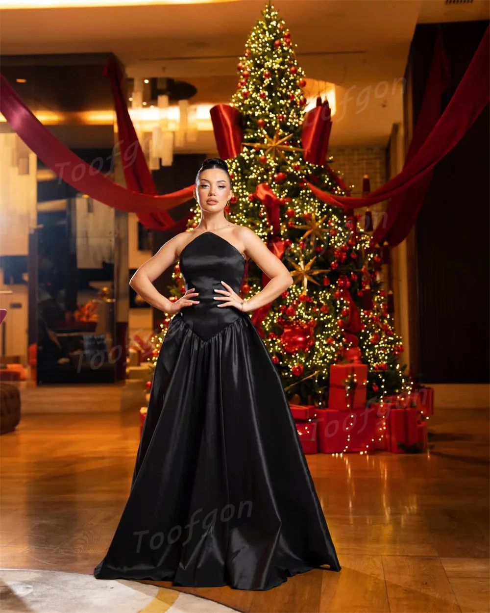 Toofgon Unique Strapless Black Evening Dresses Draped A Line Evening Prom Dress Customized Women Formal Birthday Party Dress