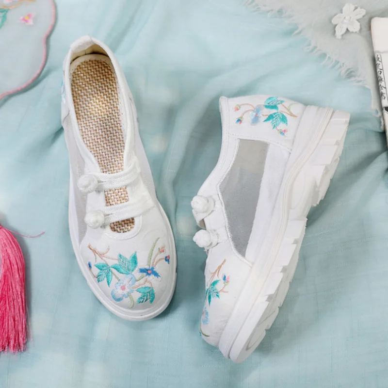 Women Floral Embroidered Breathable Mesh Casual Shoe Traditional Button Vintage Height Increased Summer Sneaker for Girls