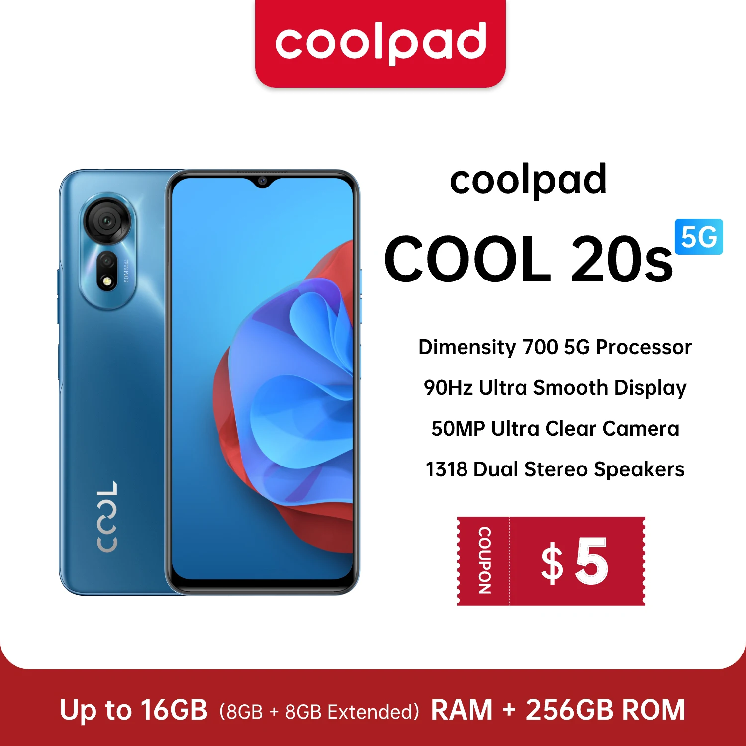 

Coolpad Cool 20S 5G Smartphone 6.58" FHD+ Screen MTK Dimensity 700 50MP 8GB RAM Up to 16GB Android 13 Triple Slots Cellular