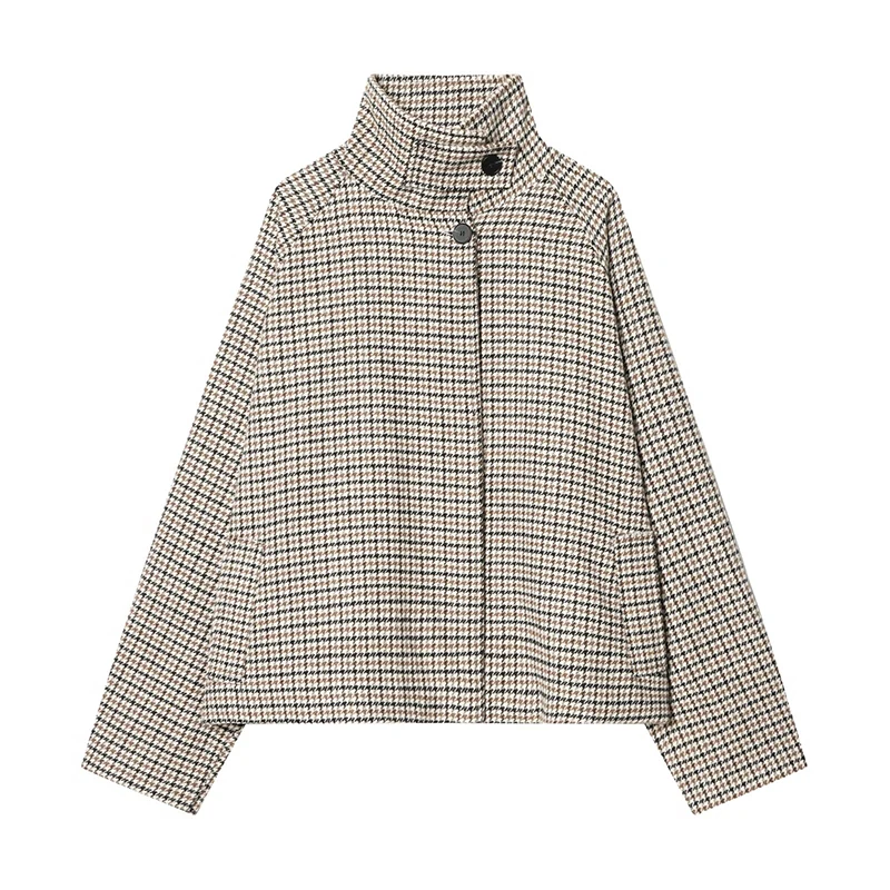 

YENKYE Women's Vintage Houndstooth High Neck Cropped Jacket Long Sleeve Loose Casual Short Coat