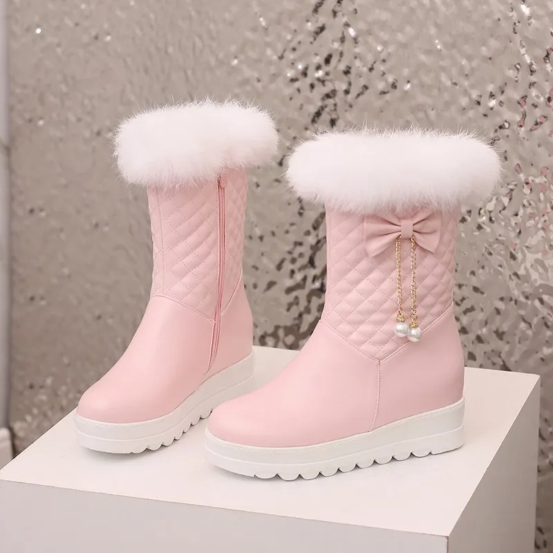 Fashion Women Snow Boots 2023 Winter Booties Height Lncreasing Platform Thick Plush Warm Zip Winter Shoes 34-43 White Pink Black