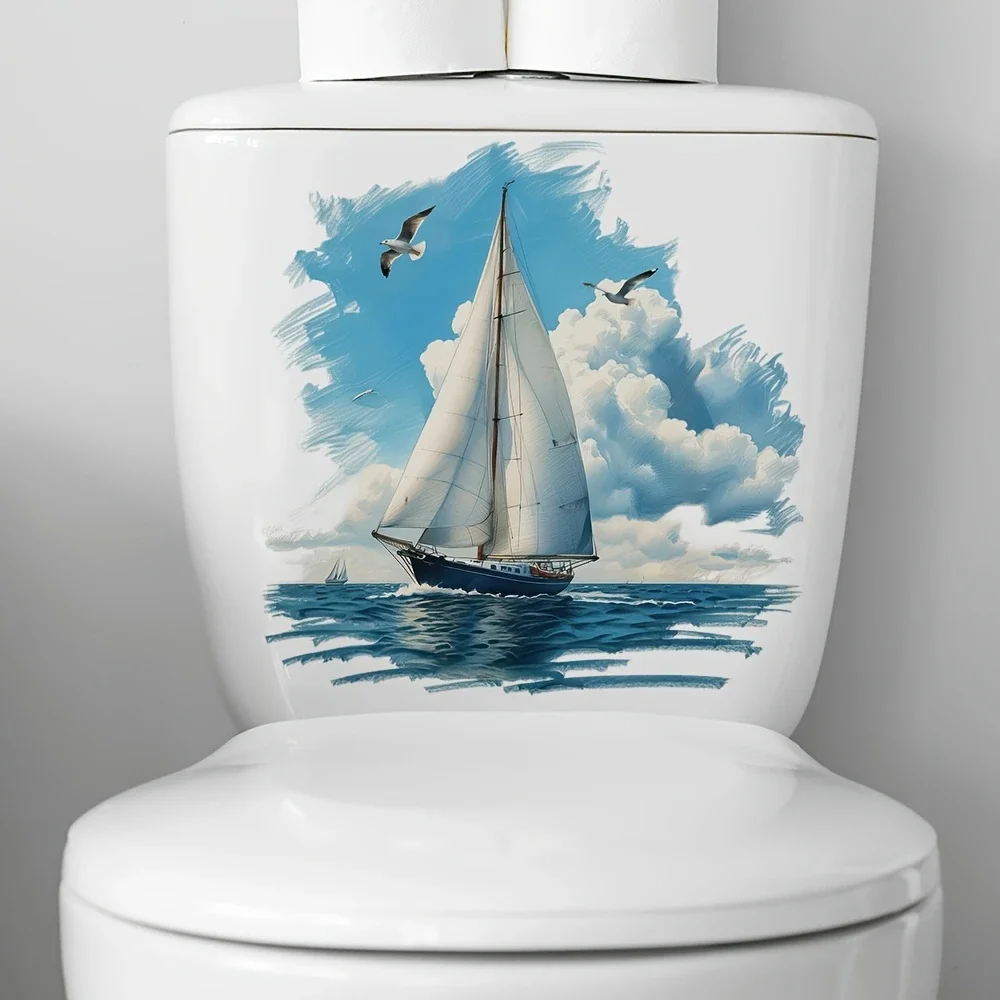 

MT1289# Nautical Seagull Sailboat Toilet Lid Decal - Waterproof, Self-Adhesive Removable PVC Bathroom Decoration,