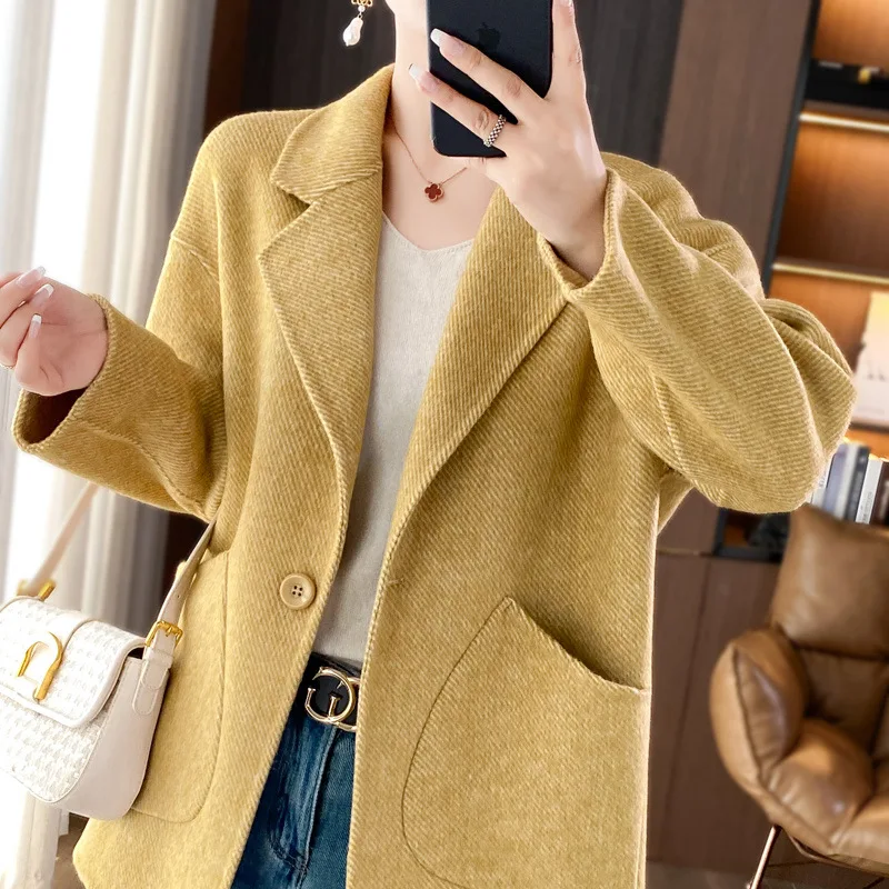 

Autumn Winter Korean Women Woolen Blazer Cotton Lining Thick Warm Jacket Solid Color Coat Female Woman Office Lady Tops