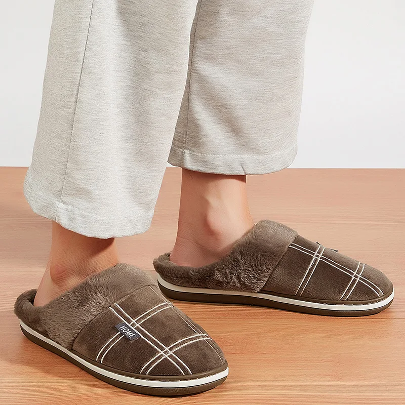 Pmoiste Men Soft Flannel Flu Plaid House Slippers Comfortable Memory Foam TPR Cushion Warm Living Room Shoes Slip-on Winter