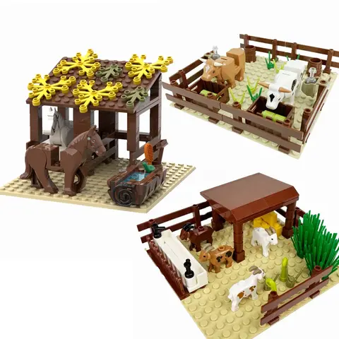 MOC Farm Horse Stable Cow Circle Sheepfold Sheep Animals Bricks Model Building Blocks Toys for Children Christmas Gifts