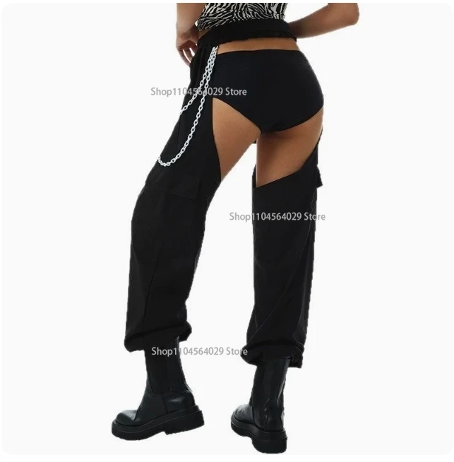 High Waist Cargo Trousers Women Buckles Bottomless Pants  Crothchless Color Block Boggy Trousers Long Rave Legging