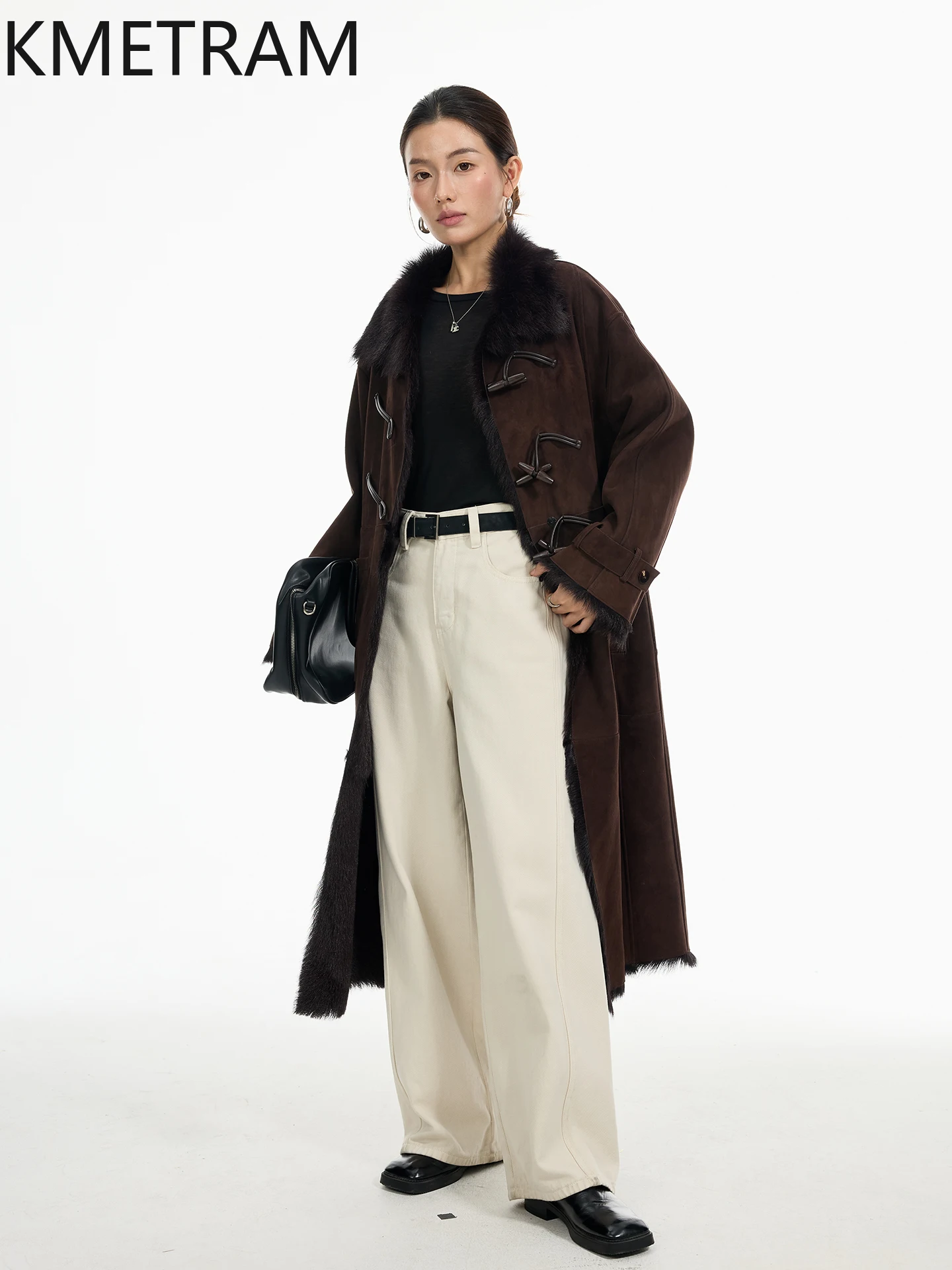 KMETRAM جلد الماعز الطبيعي توسكانا مع الصوف المرفقة معاطف امرأة عالية الجودة طويلة معطف الفرو الحقيقي الملابس الشتوية 2025 šыба vrouwska