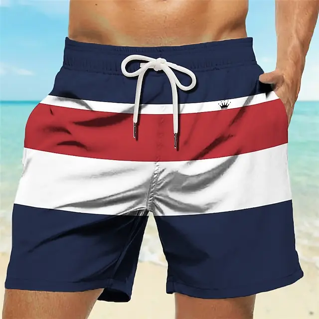 Stripe Men's Resort 3D Printed Crown Logo Design Board Shorts Swim Trunks Elastic Waist DrawstringHawaiian Style Holiday Beach