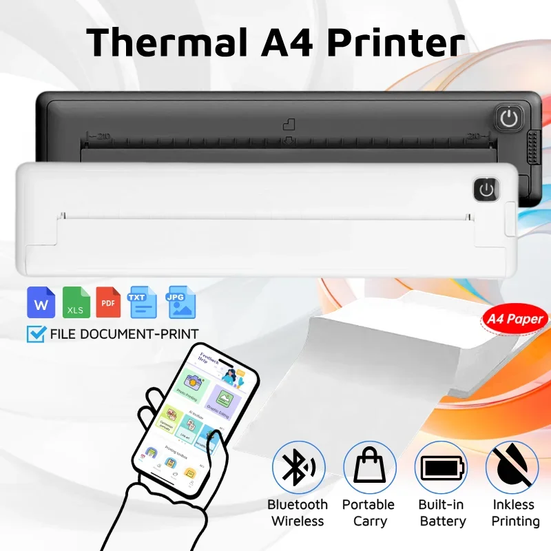 A4 Printer Portable Thermal Paper Printing Bluetooth Wireless 1000mAh White/Black/Pink/Blue Inkless-Print Pocket Printer