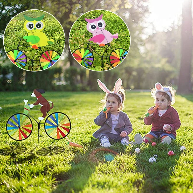 1 Piece Bicycle Wind Spinners Animal Riding Three-dimensional Cartoon Modelling Windmill Standing Pole Garden Yard Decoration