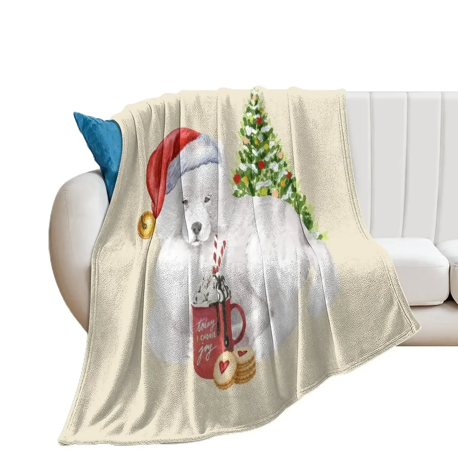 

Samoyed Christmas : Samoyed With Christmas Tree And Hot Chocolate Throw Blanket Weighted Winter beds Custom Blankets