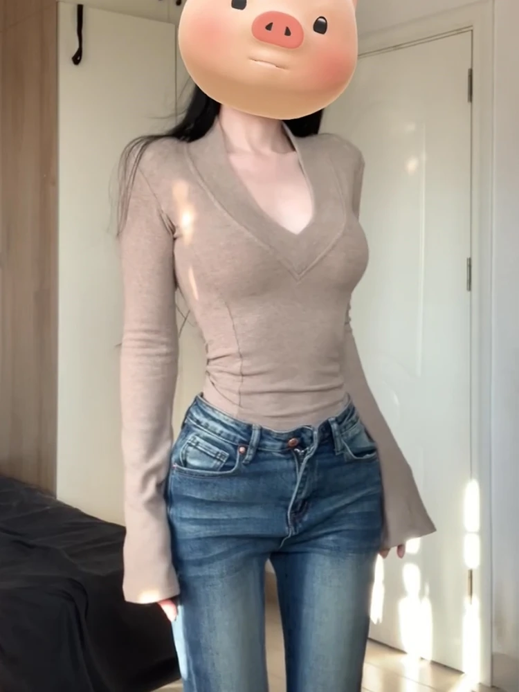 

Сексуальная женская футболка Pure Desire High-End V-Ne Long Sve, облегающая внутренняя одежда, базовый топ на осень-зиму