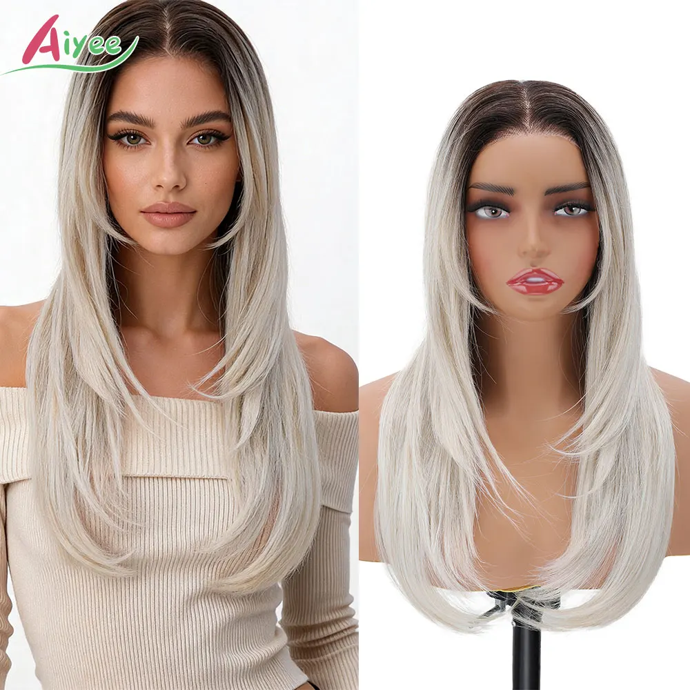 

AIYEE 22 Inch 13x3 Straight Lace Front Wig Synthetic Hair Layered Cut Silver Balayage Cosplay Hairpiece For Women 210g