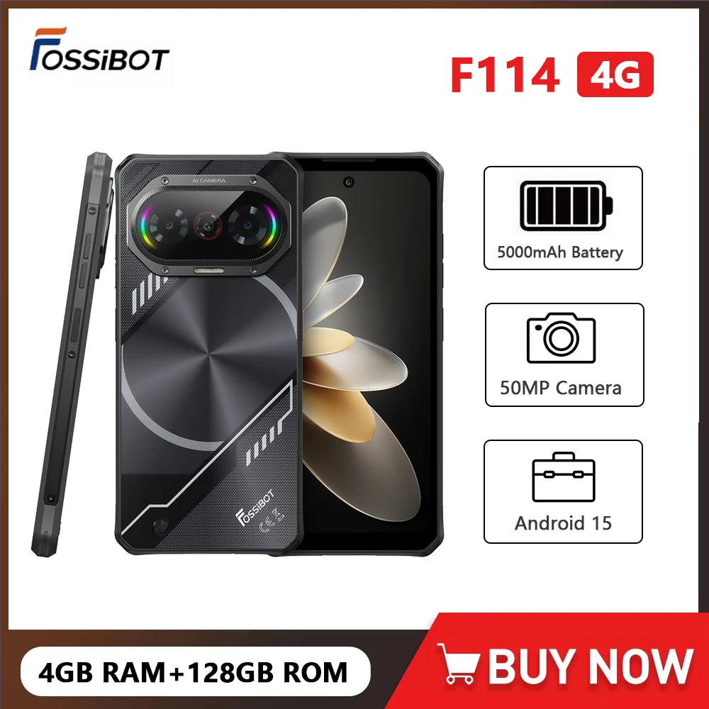 Fossibot F114 Ultra-thin Rugged Phone 4GB RAM+128GB ROM Unisoc T615 Mobile Phone 50MP Camera 5000mAh Smartphone Android 15 NFC