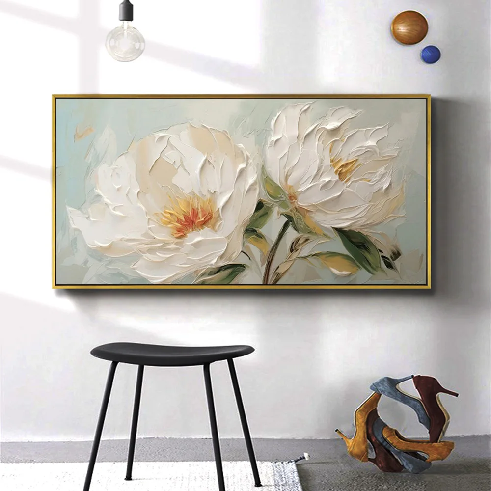 Gold Flower Oil Painting On Poster Canvas Prints Wall Art Abstract White Floral Painting Living Room Decor Home Decor Unframe