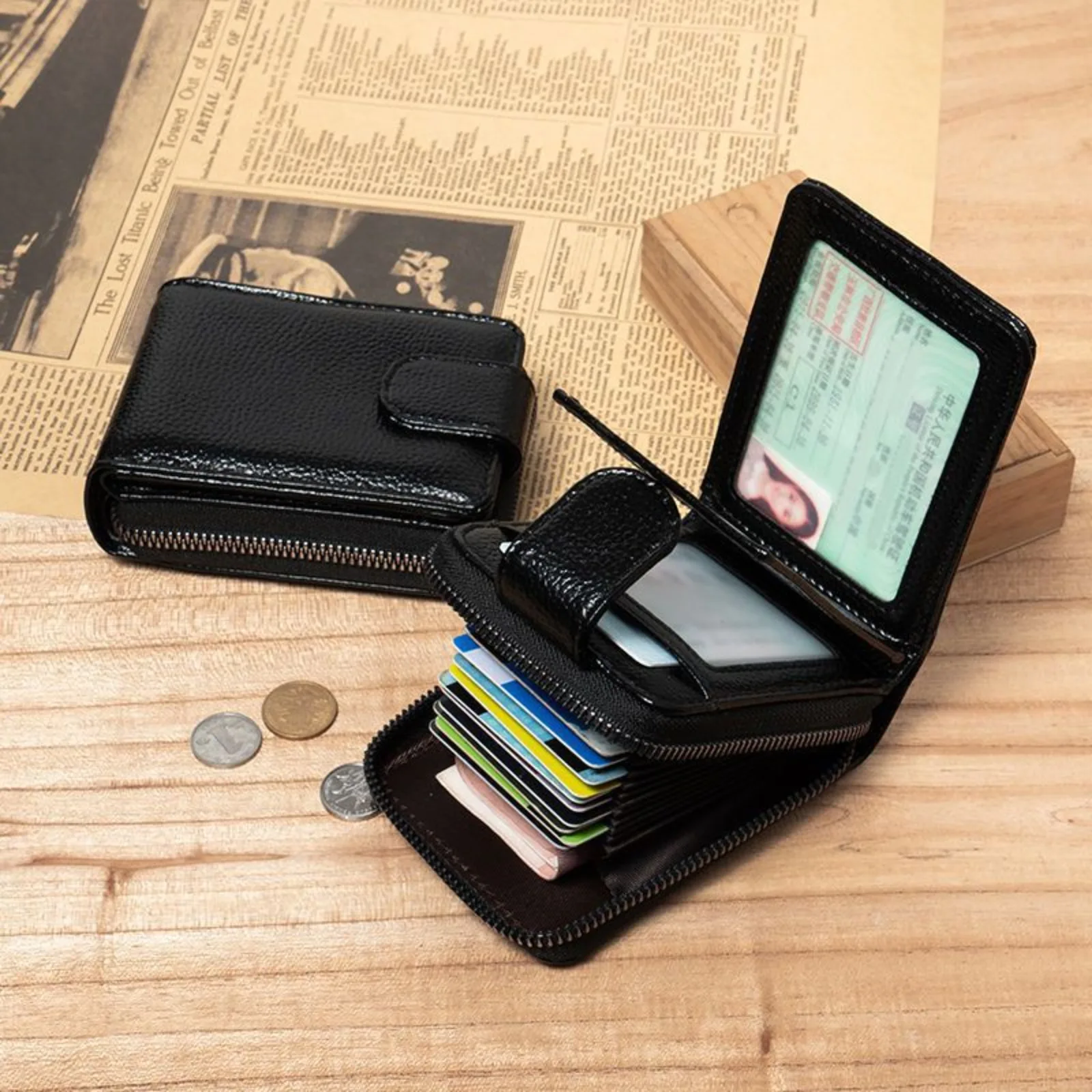 

Large Capacity Zipper Style Leather ID Holder Driving License RF Multi-Function Top Layer Cowhide Accordion Card Holder