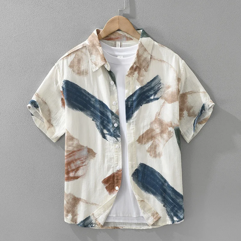 

Summer men's fashionable and versatile artistic casual loose top Japanese fresh print lapel breathable short sleeved shirt