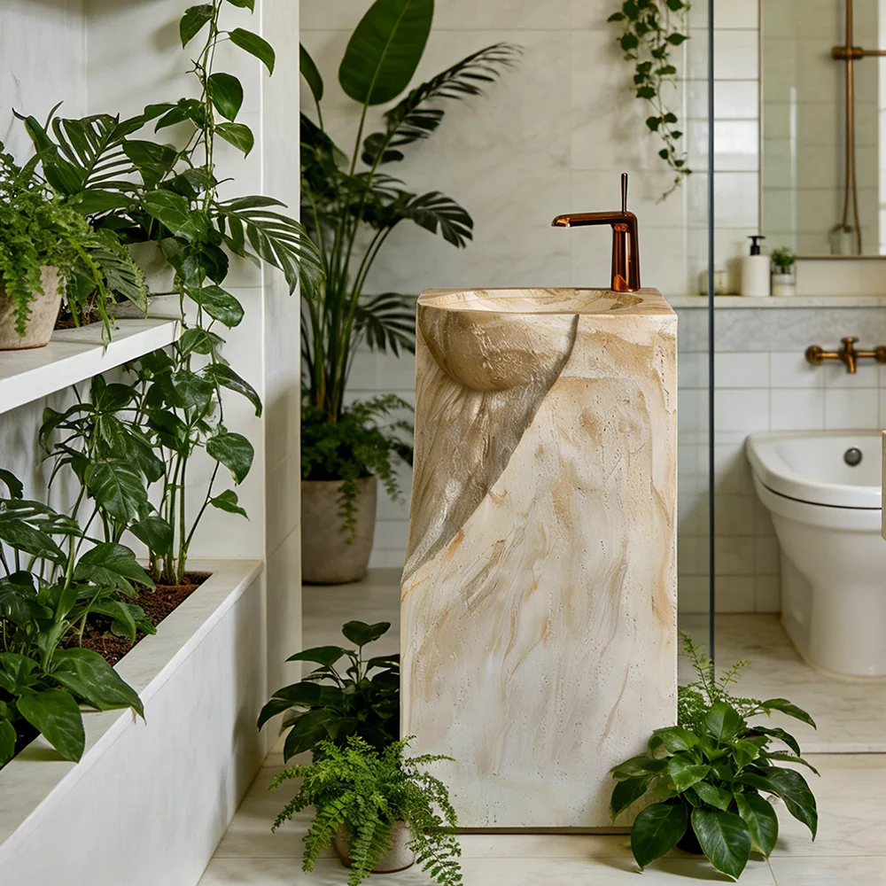 Modern simple natural travertine granular column basin small apartment integrated floor imitation marble pattern hand wash basin
