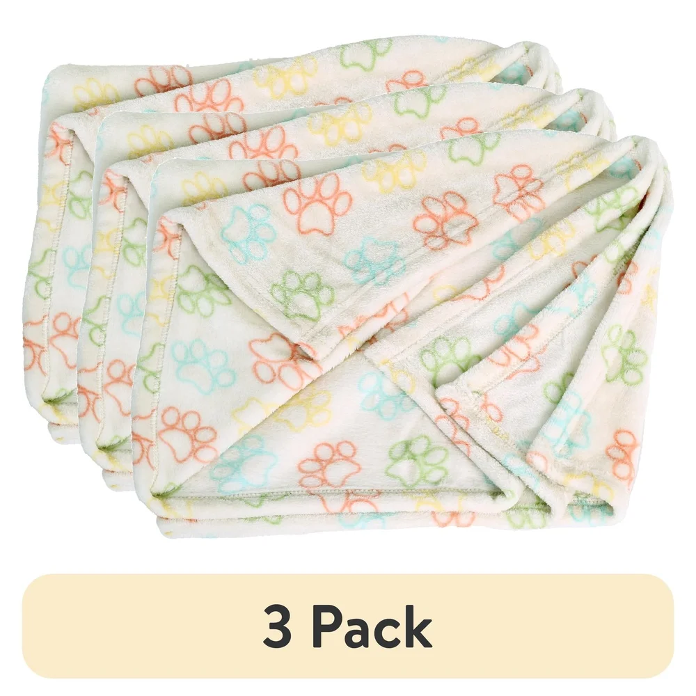 Cozy Plush Throw Blanket 3 Pack Multi-Color Paw Print Soft Machine Washable Pet Blanket Cats Dogs Snuggling Playtime